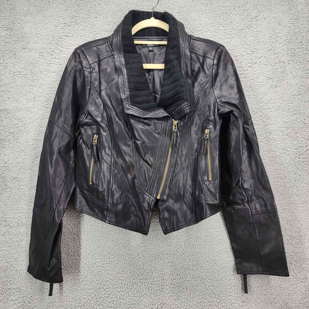 Very J Womens Black‎ Faux Leather Asymmetrical Moto Jacket Knit Collar Large